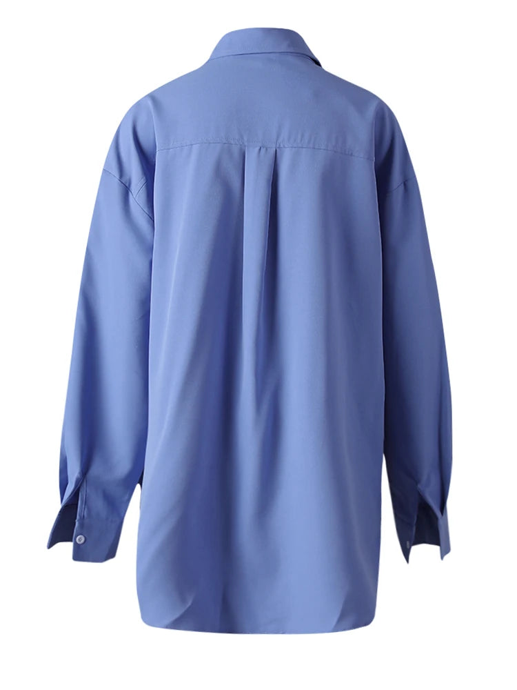 Women Blue Ribbon 3d Flower Big Size Elegant Blouse New Lapel Long Sleeve Shirt Fashion Tide Spring Autumn 2025 CPG3113