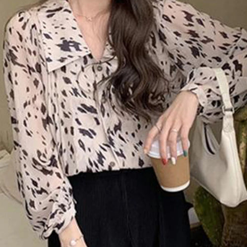 Load image into Gallery viewer, Straight Chic Leopard Print Women Shirts Single Breasted Spell Color Casual Fashion Female Shirt Korean Style Office Lady
