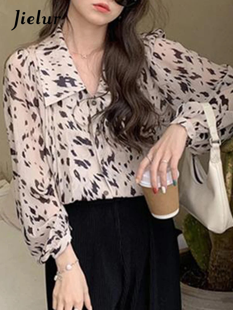 Straight Chic Leopard Print Women Shirts Single Breasted Spell Color Casual Fashion Female Shirt Korean Style Office Lady