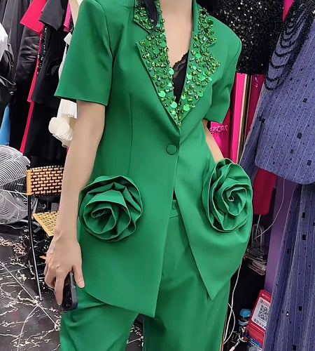 Solid Two Piece Set For Women  Lapel Short Sleeve Coat High Waist Loose Pant Spliced Appliques Sets Female Style