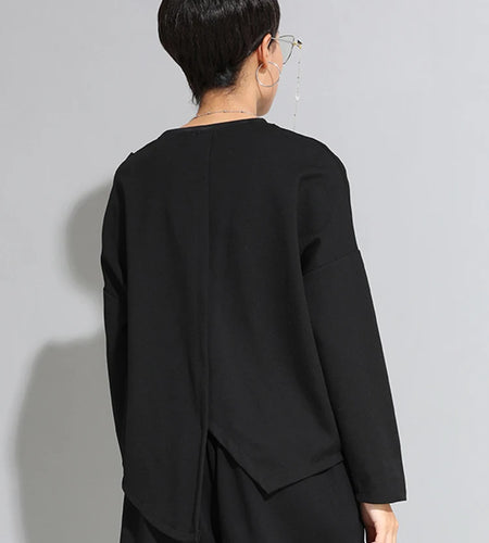 Women Black Pocket Ribbon Irregular Big Size T-shirt New Round Neck Long Sleeve Fashion Tide Spring Autumn 2025 1DJ1771