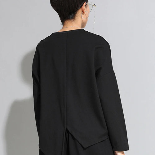 Load image into Gallery viewer, Women Black Pocket Ribbon Irregular Big Size T-shirt New Round Neck Long Sleeve Fashion Tide Spring Autumn 2025 1DJ1771
