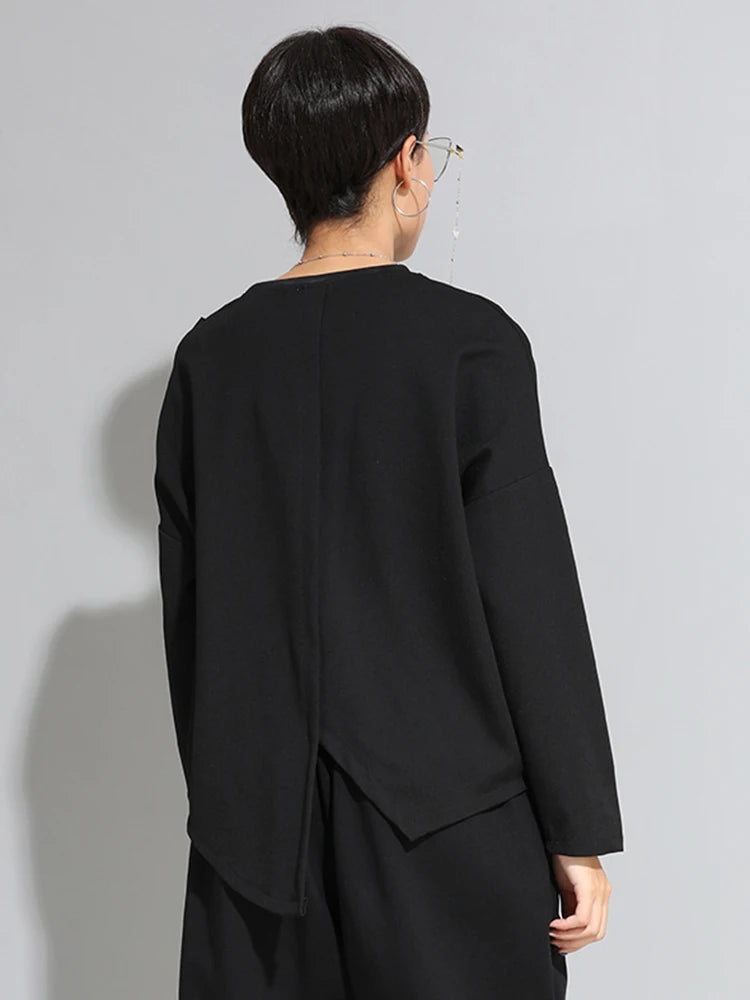 Women Black Pocket Ribbon Irregular Big Size T-shirt New Round Neck Long Sleeve Fashion Tide Spring Autumn 2025 1DJ1771