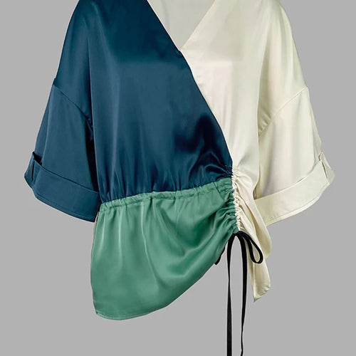 Load image into Gallery viewer, Fall Blouses for Women 2024 Fashion V-Neck Drawstring New Contrast Color Loose Long Sleeves Elegant Shirts Tops
