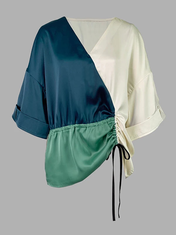 Fall Blouses for Women 2024 Fashion V-Neck Drawstring New Contrast Color Loose Long Sleeves Elegant Shirts Tops