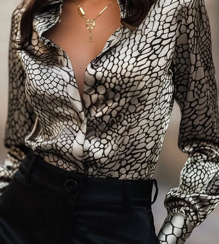 Long Sleeves Blouses Tops for Women Summer Fall Lapel Snakeskin Print Shirts and Blouses Business Casual Tops