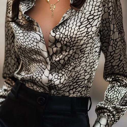 Load image into Gallery viewer, Long Sleeves Blouses Tops for Women Summer Fall Lapel Snakeskin Print Shirts and Blouses Business Casual Tops
