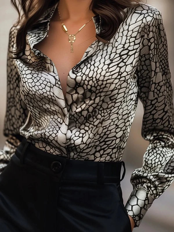 Long Sleeves Blouses Tops for Women Summer Fall Lapel Snakeskin Print Shirts and Blouses Business Casual Tops