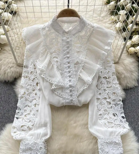 Women's Vintage Sweet Solid Long Sleeved Ruffle Edge Lace Shirt Y2k Korean Fashion Tide Autumn Winter 2023 Hollowed Out Tops New