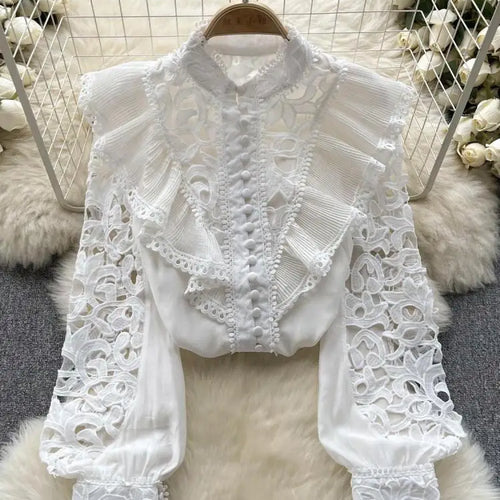 Load image into Gallery viewer, Women's Vintage Sweet Solid Long Sleeved Ruffle Edge Lace Shirt Y2k Korean Fashion Tide Autumn Winter 2023 Hollowed Out Tops New
