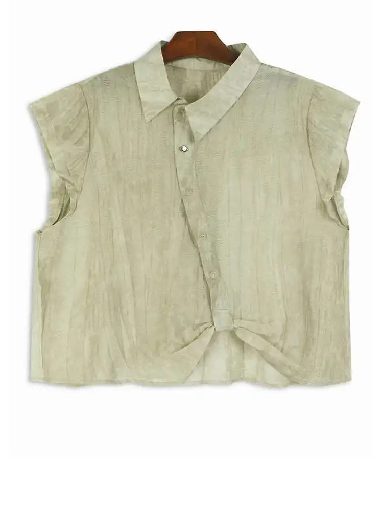 Women Apricot Pleated Irregular Printed Big Size Blouse New Lapel Short Sleeve Shirt Fashion Spring Summer 2025 1DJ0122