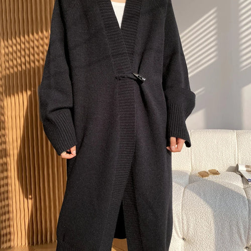 Load image into Gallery viewer, Khaki Horn Button Big Size Knitting Cardigan Sweater V-Neck Long Sleeve Women New Fashion Tide Spring Autumn 2025 1DH6439
