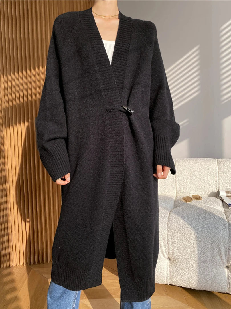 Khaki Horn Button Big Size Knitting Cardigan Sweater V-Neck Long Sleeve Women New Fashion Tide Spring Autumn 2025 1DH6439