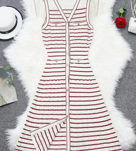 Summer Vintage Fashion Black White Stripe Patchwork Knit Long Dress Women Red Elegant Sleeveless Single Breasted Slim Vest Dress