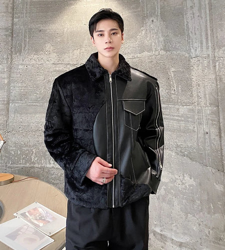 Personalized Men's Cotton Jackets Casual PU Leather Patchwork Fur Thick Outdoor Niche Design Male Padded Clothing 9C8958