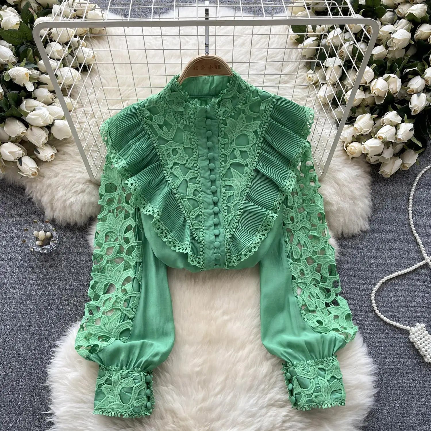 Women's Vintage Sweet Solid Long Sleeved Ruffle Edge Lace Shirt Y2k Korean Fashion Tide Autumn Winter 2023 Hollowed Out Tops New
