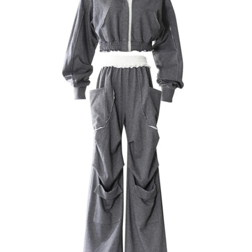 Load image into Gallery viewer, Gray Sweatshirt Color-block Long Pants Two Piece Suit New Hooded Long Sleeve Women Fashion Tide Spring Autumn 2025 7AB8037
