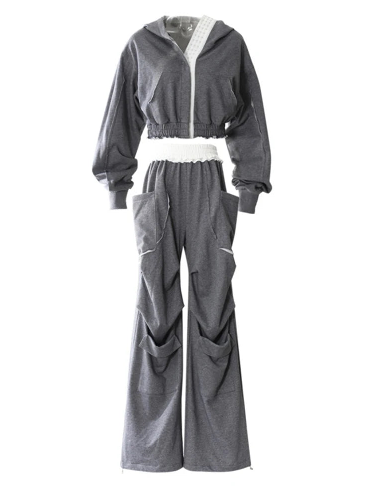 Gray Sweatshirt Color-block Long Pants Two Piece Suit New Hooded Long Sleeve Women Fashion Tide Spring Autumn 2025 7AB8037