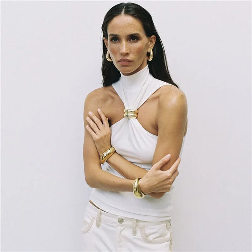 Load image into Gallery viewer, Turtleneck Basic Knit Tank Tops Women Vest Pullovers Metal Ring Camisole Sleeveless Skinny Knitted Tops Y2K Cropped Top
