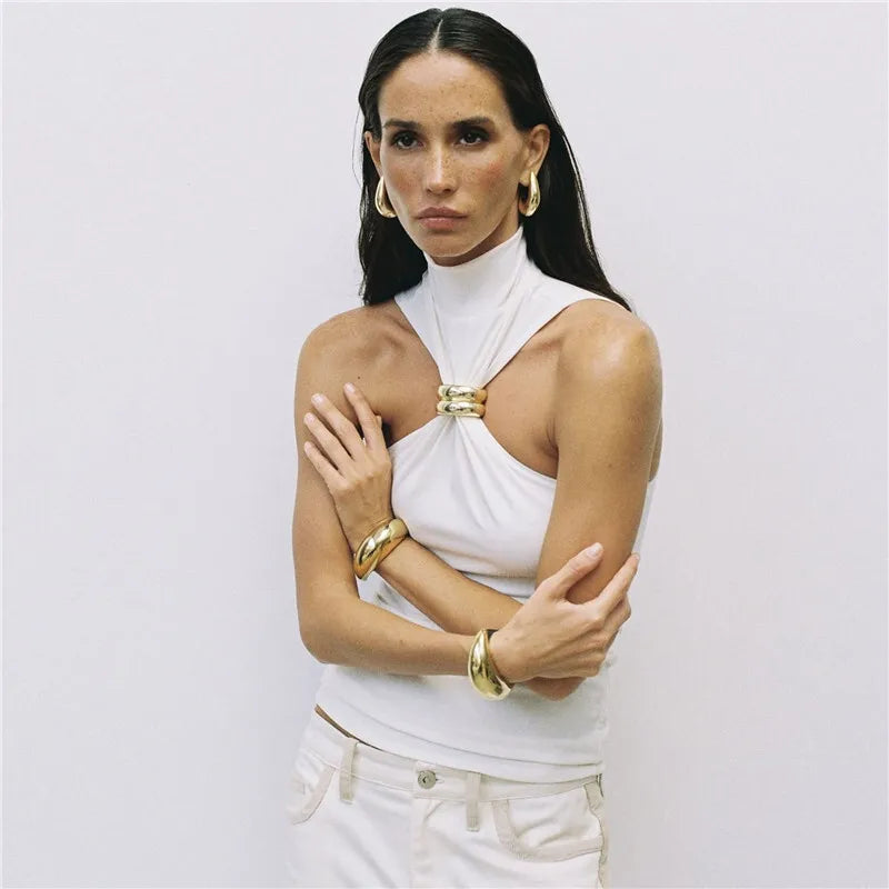 Turtleneck Basic Knit Tank Tops Women Vest Pullovers Metal Ring Camisole Sleeveless Skinny Knitted Tops Y2K Cropped Top