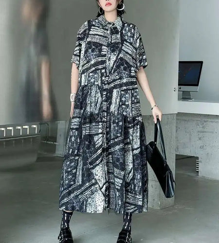 Women Black Pattern Printed Big Size Mesh Midi Shirt Dress New Lapel Short Sleeve Fashion Tide Spring Summer 2025 1DJ0636