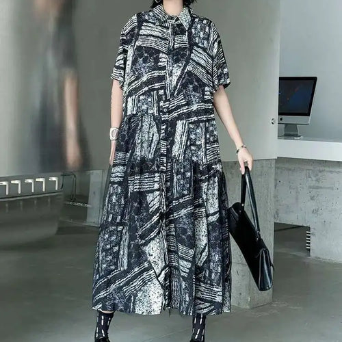 Load image into Gallery viewer, Women Black Pattern Printed Big Size Mesh Midi Shirt Dress New Lapel Short Sleeve Fashion Tide Spring Summer 2025 1DJ0636
