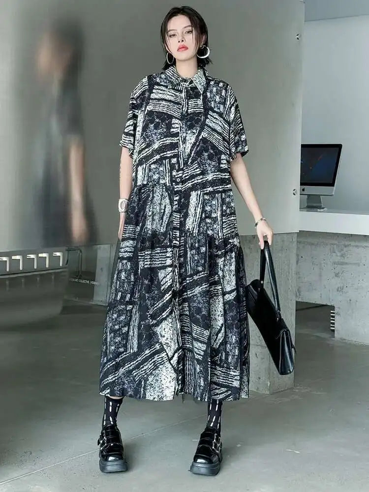 Women Black Pattern Printed Big Size Mesh Midi Shirt Dress New Lapel Short Sleeve Fashion Tide Spring Summer 2025 1DJ0636