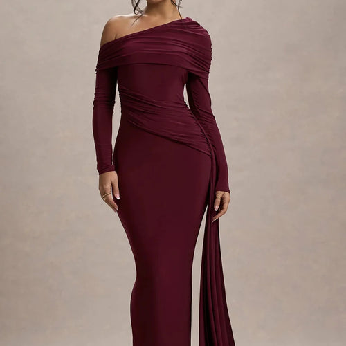 Load image into Gallery viewer, Skew Collar Long Sleeve Sexy Maxi Dress For Women Gown Fashion Backless Draped Ruched Bodycon Club Long Dress Elegant
