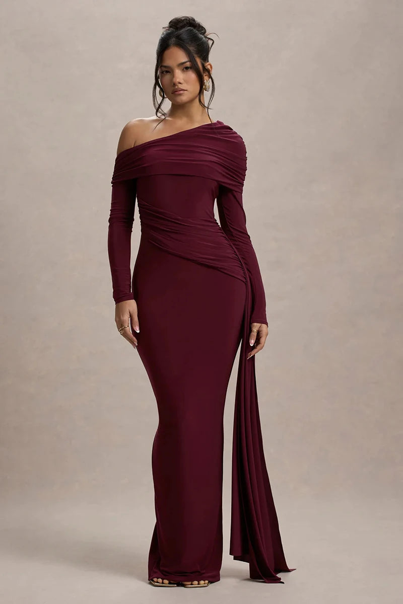 Skew Collar Long Sleeve Sexy Maxi Dress For Women Gown Fashion Backless Draped Ruched Bodycon Club Long Dress Elegant