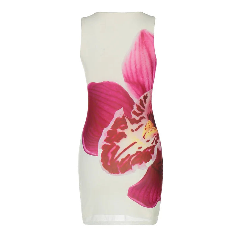 Mesh Floral Print Sexy Mini Dress Women Robe Summer New O Neck Sleeveless Slim Beach Holiday Bodycon Club Dress