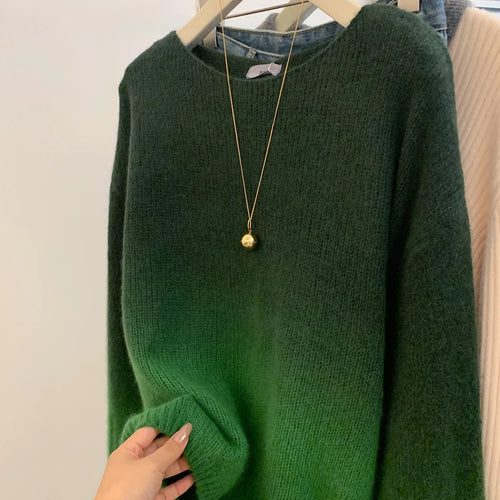 Load image into Gallery viewer, Autumn Winter Green Gradient Elegant Short Sweater Women Korean Fashion Elegent O-neck Long Sleeve Festival Knit Pullover Tops
