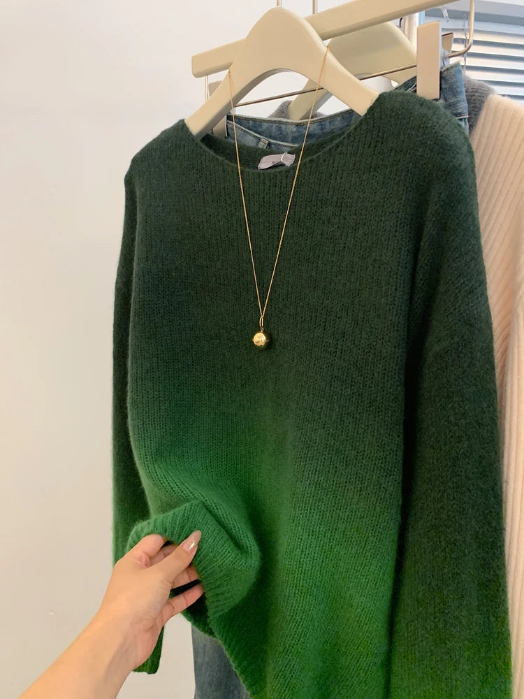 Autumn Winter Green Gradient Elegant Short Sweater Women Korean Fashion Elegent O-neck Long Sleeve Festival Knit Pullover Tops