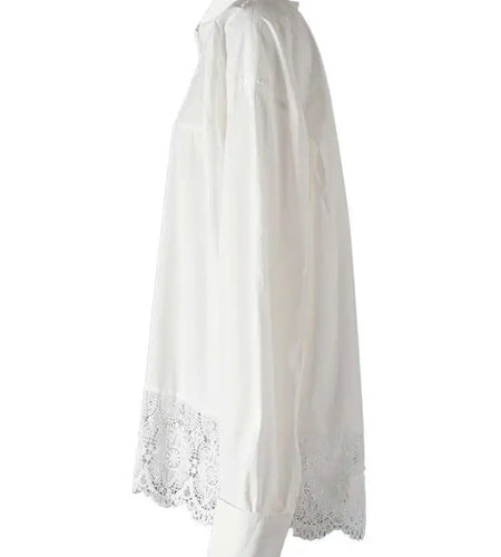 Women White Lace Hollow Out Big Size Elegant Blouse New Lapel Long Sleeve Shirt Fashion Tide Spring Autumn 2025 CPG2578