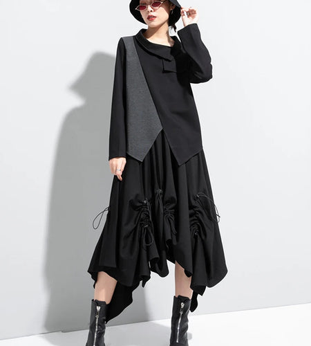 Women Black Gray Color-block Irregular Big Size T-shirt New Lapel Long Sleeve Fashion Tide Spring Autumn 2025 1DJ1830