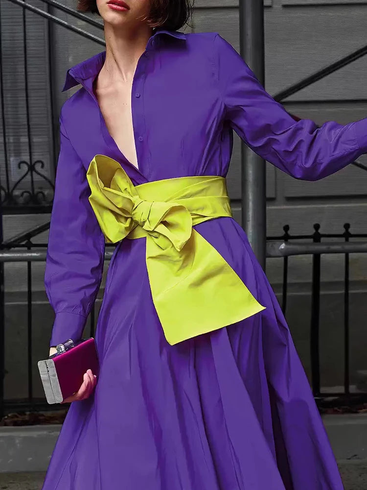 Colorblock Elegant Dresses For Women Lapel Long Sleeve High Waist Patchwork Bowknot Temperament Dress Female Fashion Style