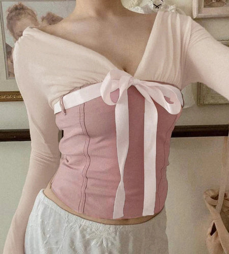 2000s Aesthetic Top Women Fairycore Clothes V Neck Contrast Color Long Sleeve T Shirt with Bow y2k Clothing Streetwear