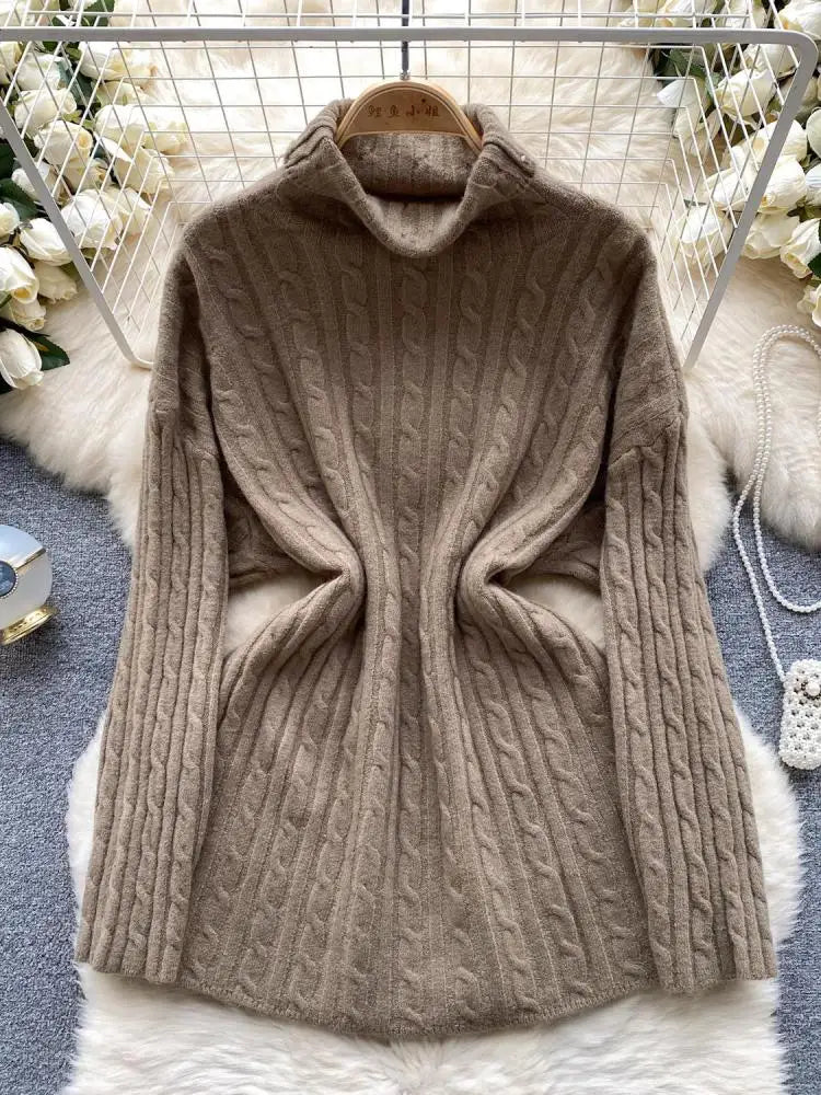 Autumn Winter Women's Solid Elegant High-neck Knitting Sweater Female Loose Thick Warm Long Sleeves Simple Crochet Pullover Tops