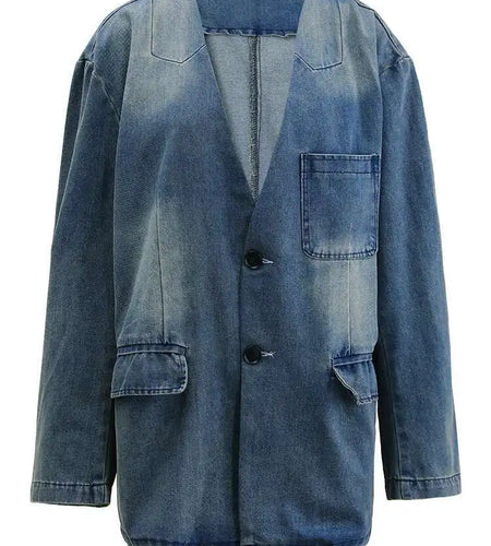 Blue Denim Vintage Big Size Pocket Jacket New V-neck Long Sleeve Women Coat Fashion Tide Spring Autumn 2025 CPG1579