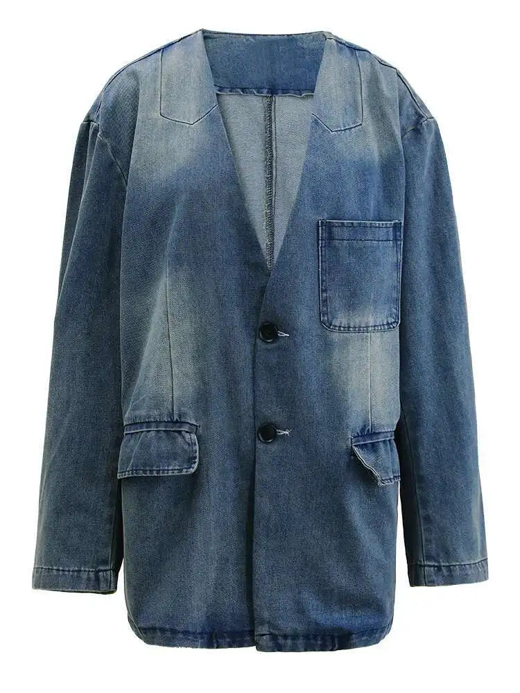 Blue Denim Vintage Big Size Pocket Jacket New V-neck Long Sleeve Women Coat Fashion Tide Spring Autumn 2025 CPG1579