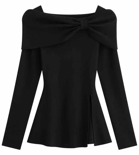 Autumn Winter Solid Slim Short Pullover Knitted Top Women Casual Long Sleeve Split Bow Sweater New Ladies Simplicity Streetwear