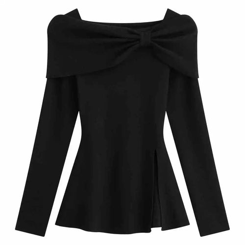 Load image into Gallery viewer, Autumn Winter Solid Slim Short Pullover Knitted Top Women Casual Long Sleeve Split Bow Sweater New Ladies Simplicity Streetwear
