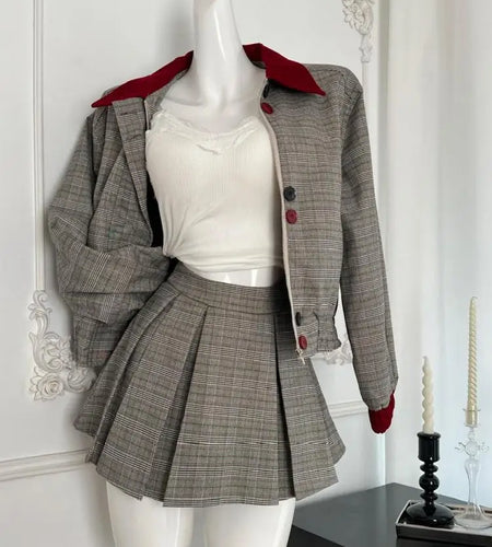 Women Autumn Winter 2024 New French Gray Plaid Splicing Elegant Long Sleeved Top And High Waist Pleated Mini Skirt Two Piece Set