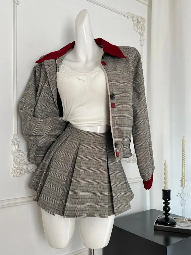 Women Autumn Winter 2024 New French Gray Plaid Splicing Elegant Long Sleeved Top And High Waist Pleated Mini Skirt Two Piece Set