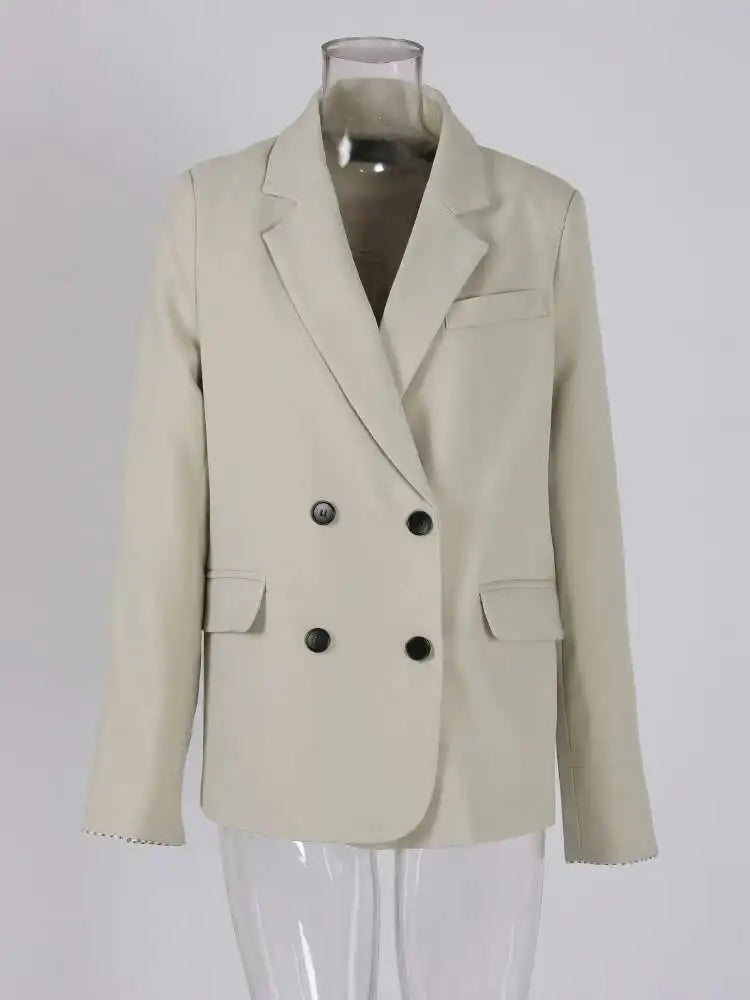 Women Apricot Striped Color-block Elegant Blazer New Lapel Long Sleeve Jacket Fashion Tide Spring Autumn 2025 CPG1175