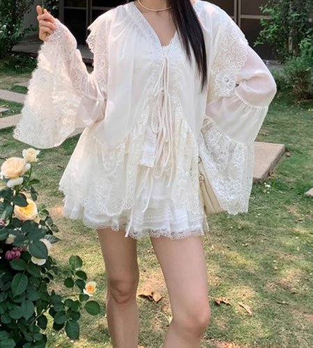 Solid Loose Spliced Lace Elegant Blouses for Women V Neck Long Sleeves Patchwork Lace Up Fashion Bloaue Female New