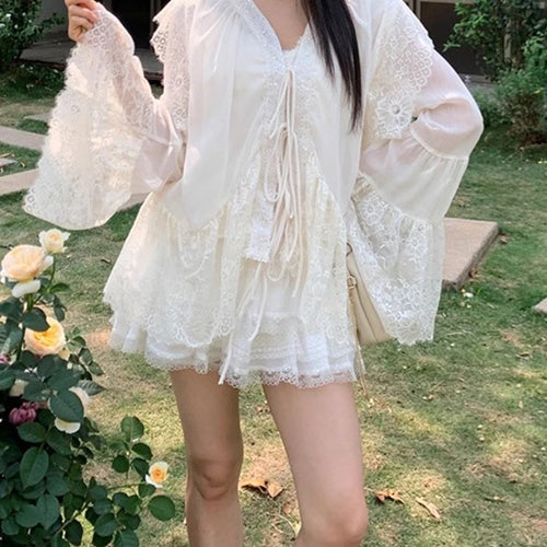 Load image into Gallery viewer, Solid Loose Spliced Lace Elegant Blouses for Women V Neck Long Sleeves Patchwork Lace Up Fashion Bloaue Female New
