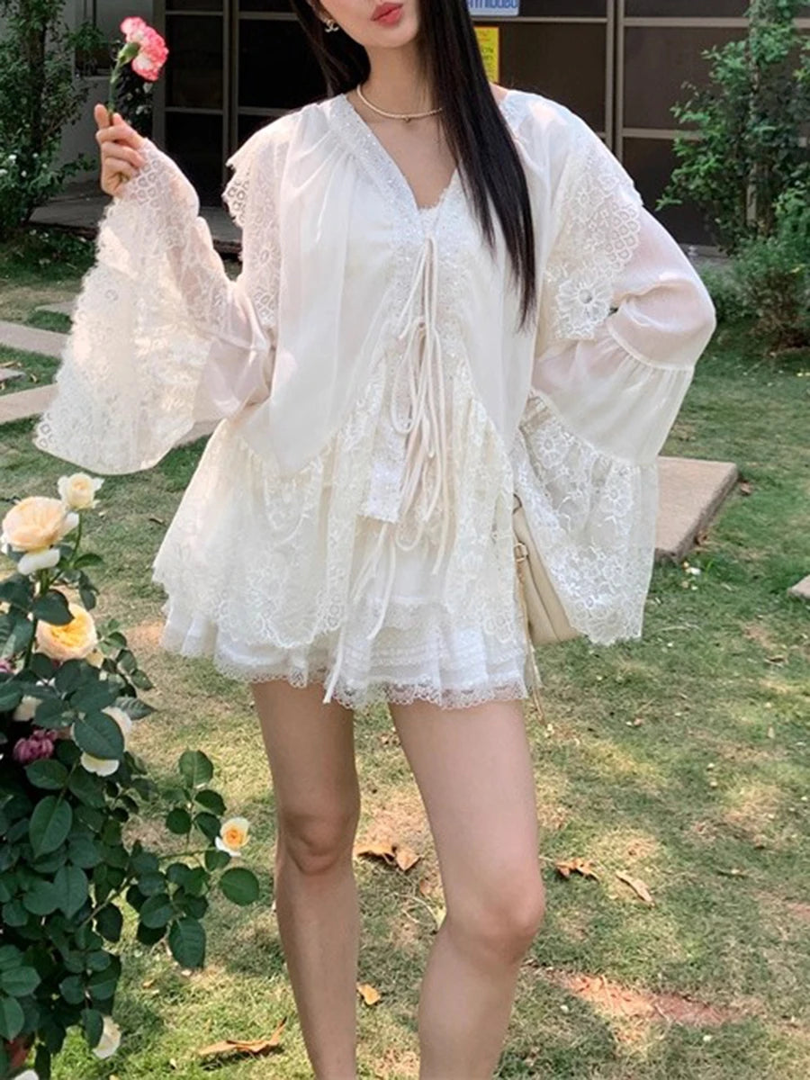 Solid Loose Spliced Lace Elegant Blouses for Women V Neck Long Sleeves Patchwork Lace Up Fashion Bloaue Female New