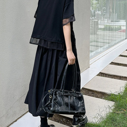 Load image into Gallery viewer, Women Black Irregular Mesh Spliced Big Size T-shirt New Round Neck Short Sleeve Fashion Tide Spring Summer 2025 1DJ1700
