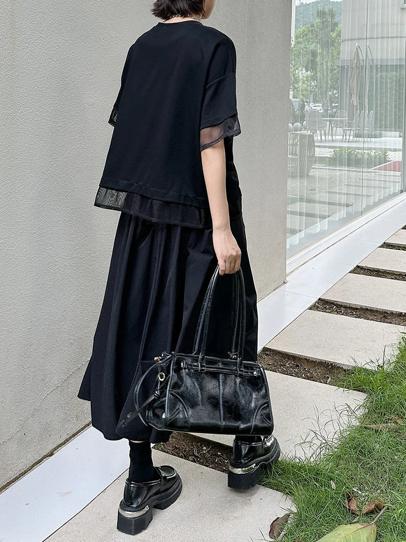 Women Black Irregular Mesh Spliced Big Size T-shirt New Round Neck Short Sleeve Fashion Tide Spring Summer 2025 1DJ1700