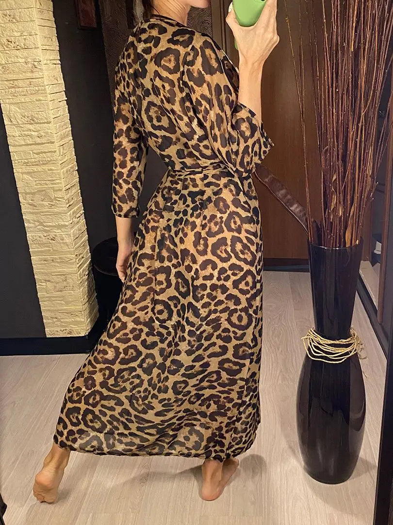 Sexy Leopard Printed Beach Cover Up Chiffon Cover-ups Swimwear Beach Wear Summer Beachwear Female Women Long Dress V3219